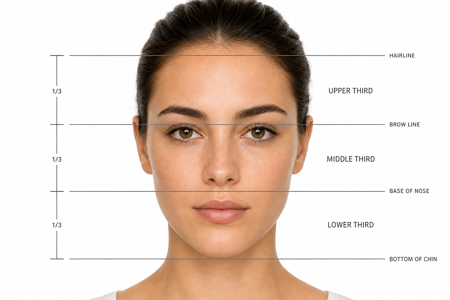 Diagram showing a face divided into equal upper, middle and lower thirds
