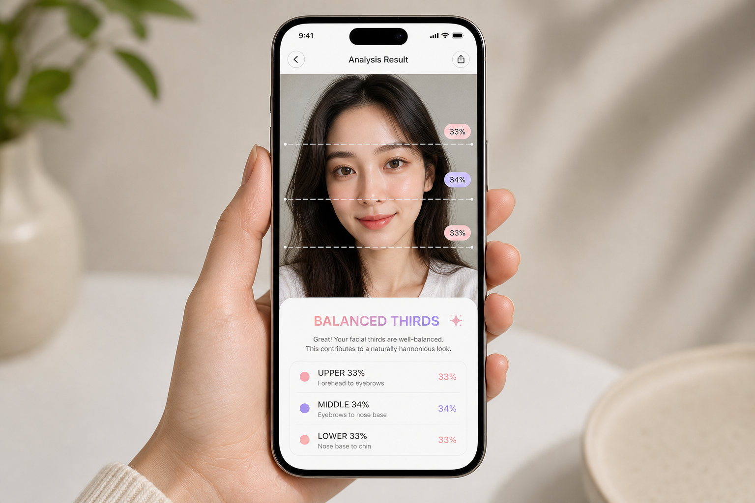 Facial thirds detector app showing upper, middle and lower third percentages