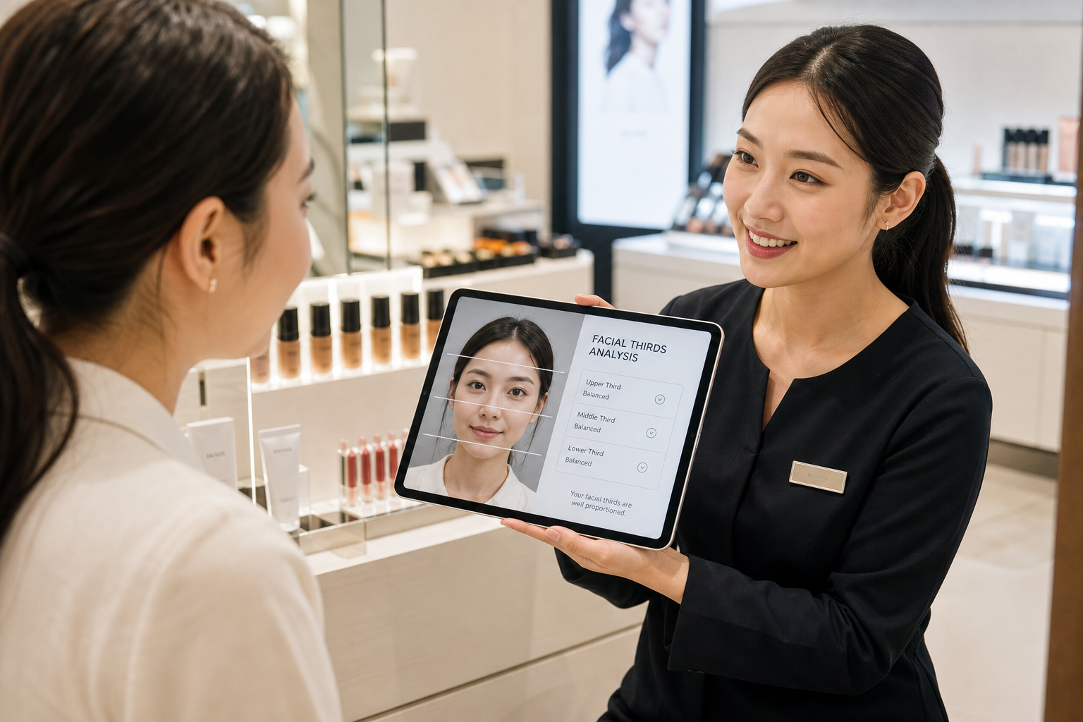 Beauty advisor showing a customer a facial thirds analysis on a tablet